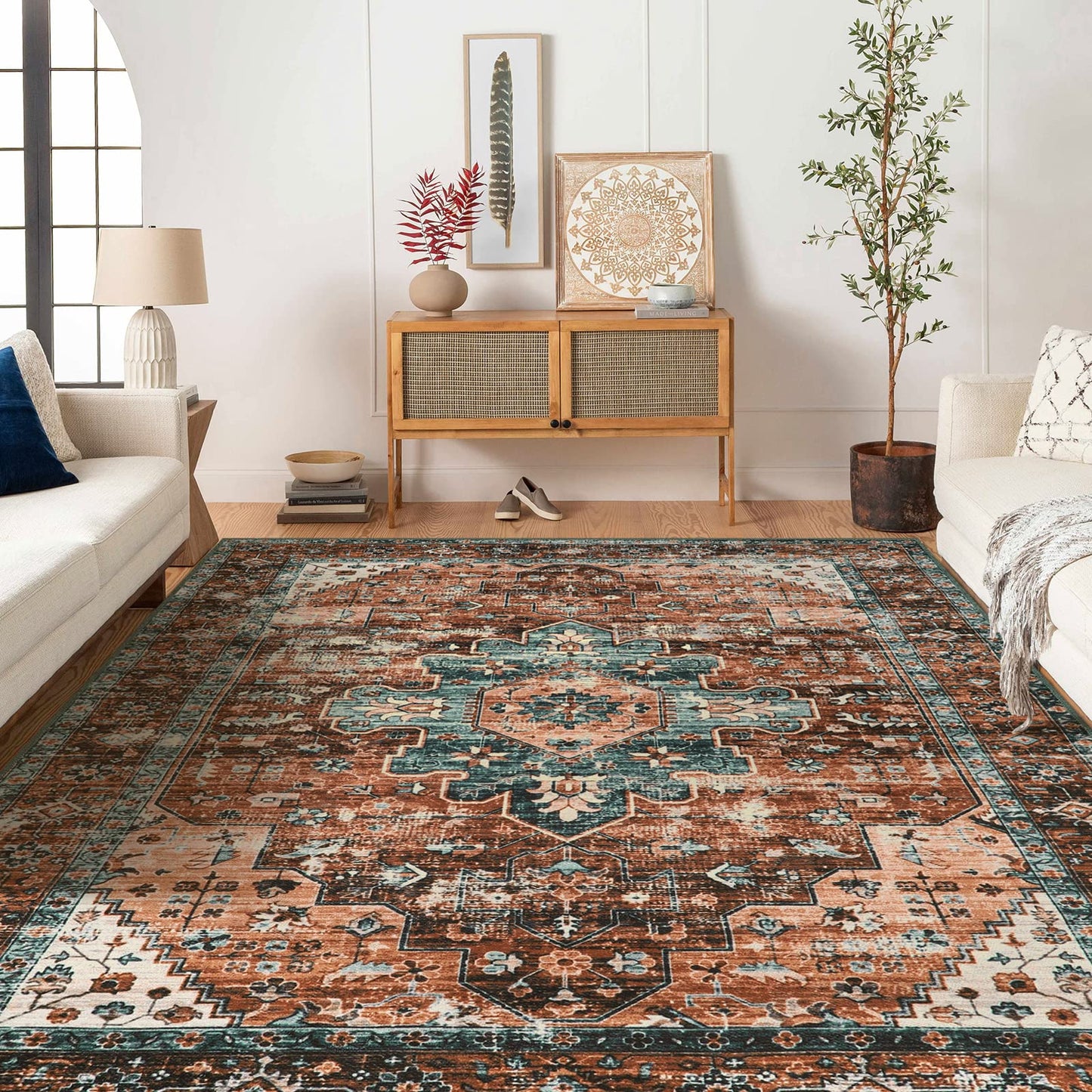 Moynesa 8x10 Ultra-Thin Vintage Area Rug - Oriental Print for Bedroom, Living Room, Under Table, Office, Entryway - Brick Red/Dull Teal