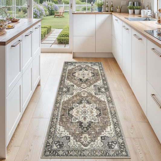 Washable Kitchen Runner Rug 2x6 - Hallway Rugs Low Pile Entryway Carpet Vintage Soft Non-Slip Stain Resistant Indoor Floor Distressed Mat Home Decor for Bedside Bathroom Entrance(Beige/Blue/Grey,2x6)