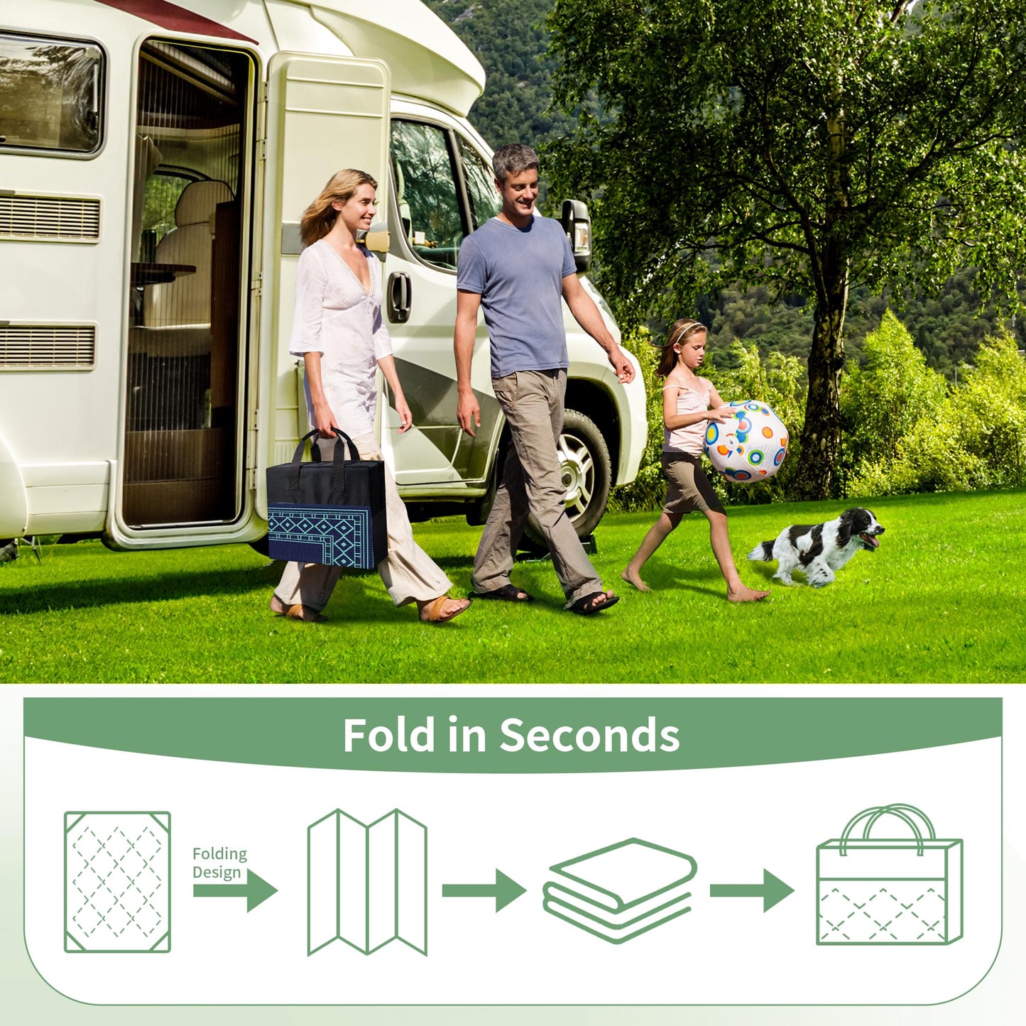 GENIMO Outdoor Rug Waterproof 5'x8' for Patio, Foldable Reversible Plastic Straw Carpet for Travel Trailers, Outside Area Mat for Rv, Deck, Picnic, Porch, Balcony, Beach, Navy Blue & Jade Green