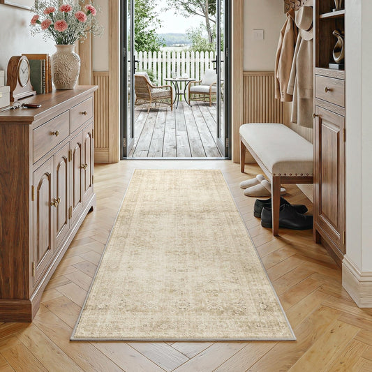 FMFUNCTEX 2x6 Hallway Runner Rug Beige Neutral Vintage Washable Distressed Non Slip Low Pile Oriental Indoor Carpet Soft Retro Entryway Rug for Kitchen Laundry Entrance Entry Living Room Bedroom