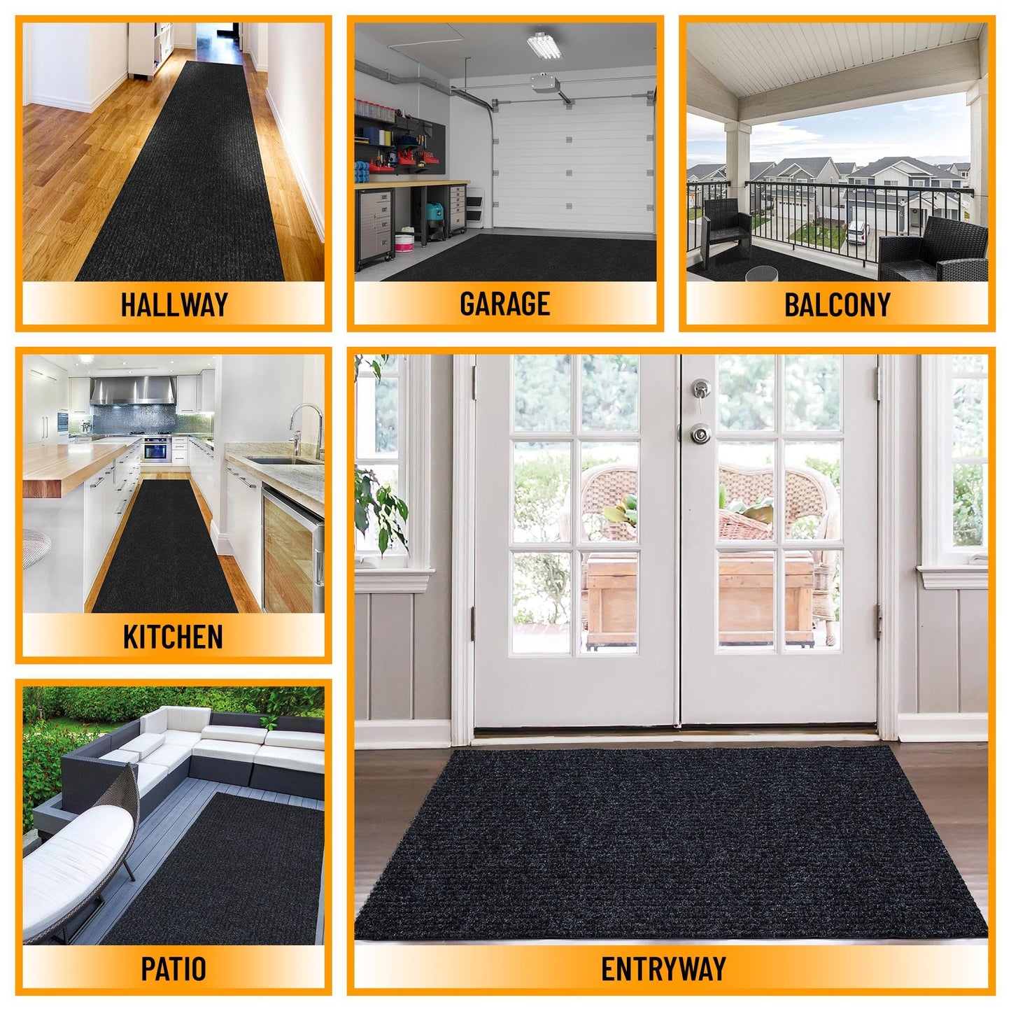 Ottomanson 2' x 10' Hallway Runner with Scraper Pile Extra Durable Non-Slip Rug Mat for Indoor & Outdoor Use - Ideal for Kitchen, Entryway, Patio & Garage - High-Traffic Carpet, Black