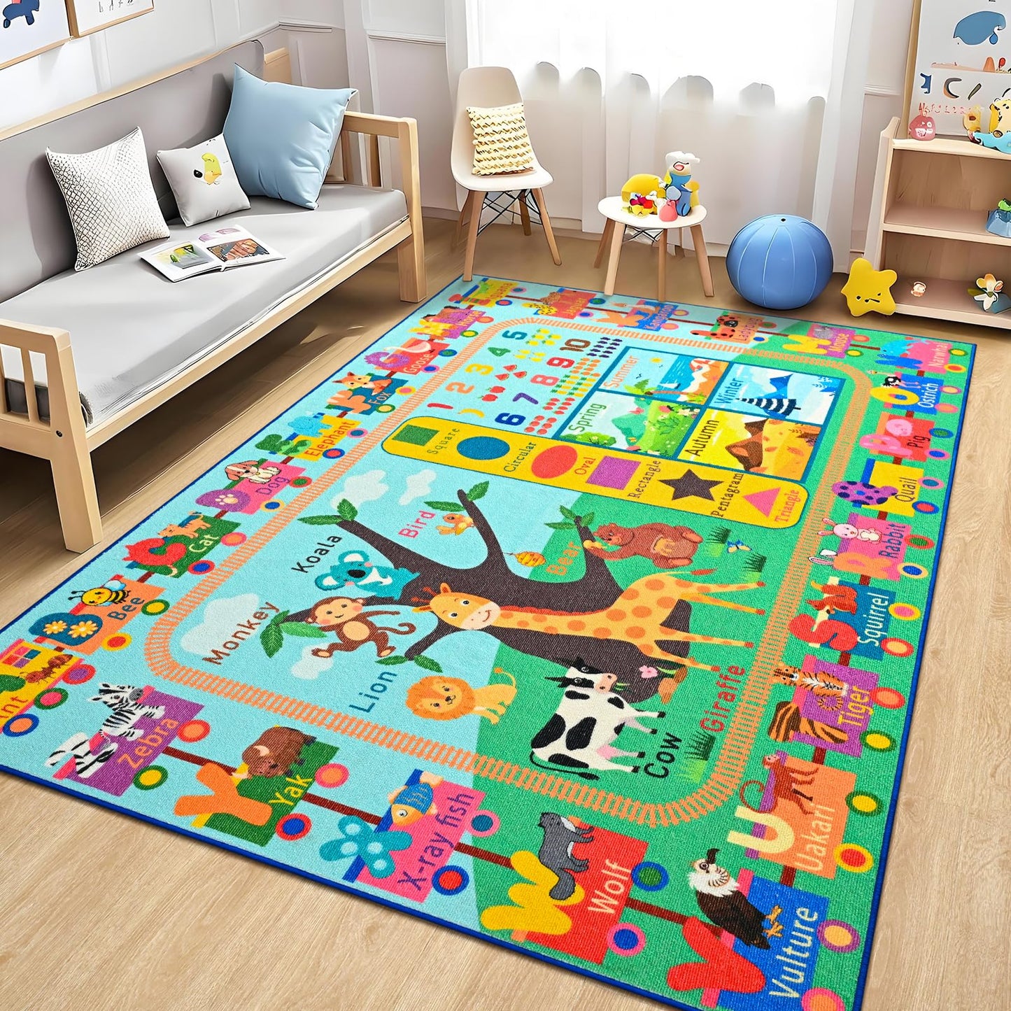 Zedrew Kids Rug for Playroom, 3x5 ABC Educational Carpet for Classroom, Fun Alphabet Area Rugs for Learn Numbers Season Animal Weather and Shapes Playmat for Girls Boys Room Nursery Decor