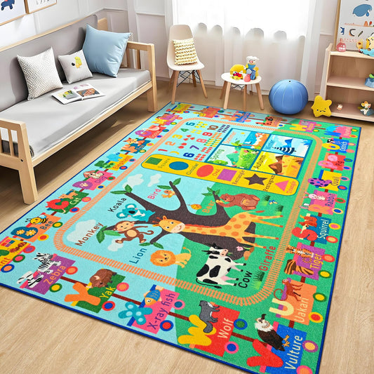 Zedrew Kids Rug for Playroom, 3x5 ABC Educational Carpet for Classroom, Fun Alphabet Area Rugs for Learn Numbers Season Animal Weather and Shapes Playmat for Girls Boys Room Nursery Decor