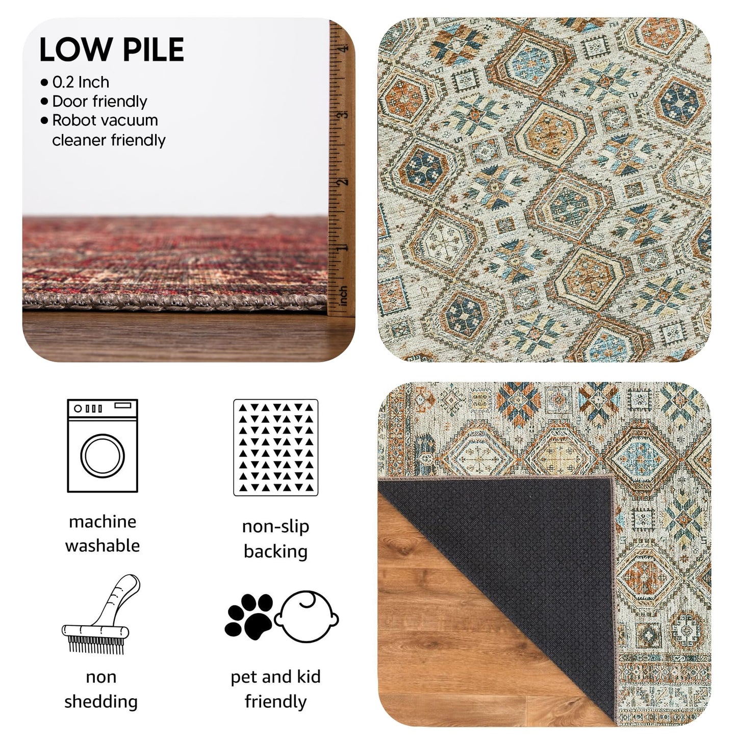 Keen Home Design 48"x72" Rug - Machine Washable Area Rug with Non-Slip Backing, Ideal for Living Room, Dining Room, Bedroom - Vintage, Easy Clean, Durable, Low Pile Rug - (4' x 6')