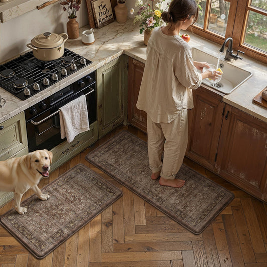 HUGEAR Brick Red Kitchen Mats Set 2 PCS Washable Non Slip Floral Vintage Waterproof Kitchen Runner Rug Cushioned Anti Fatigue Floor Mat for Sink Laundry Room Home Decor Office