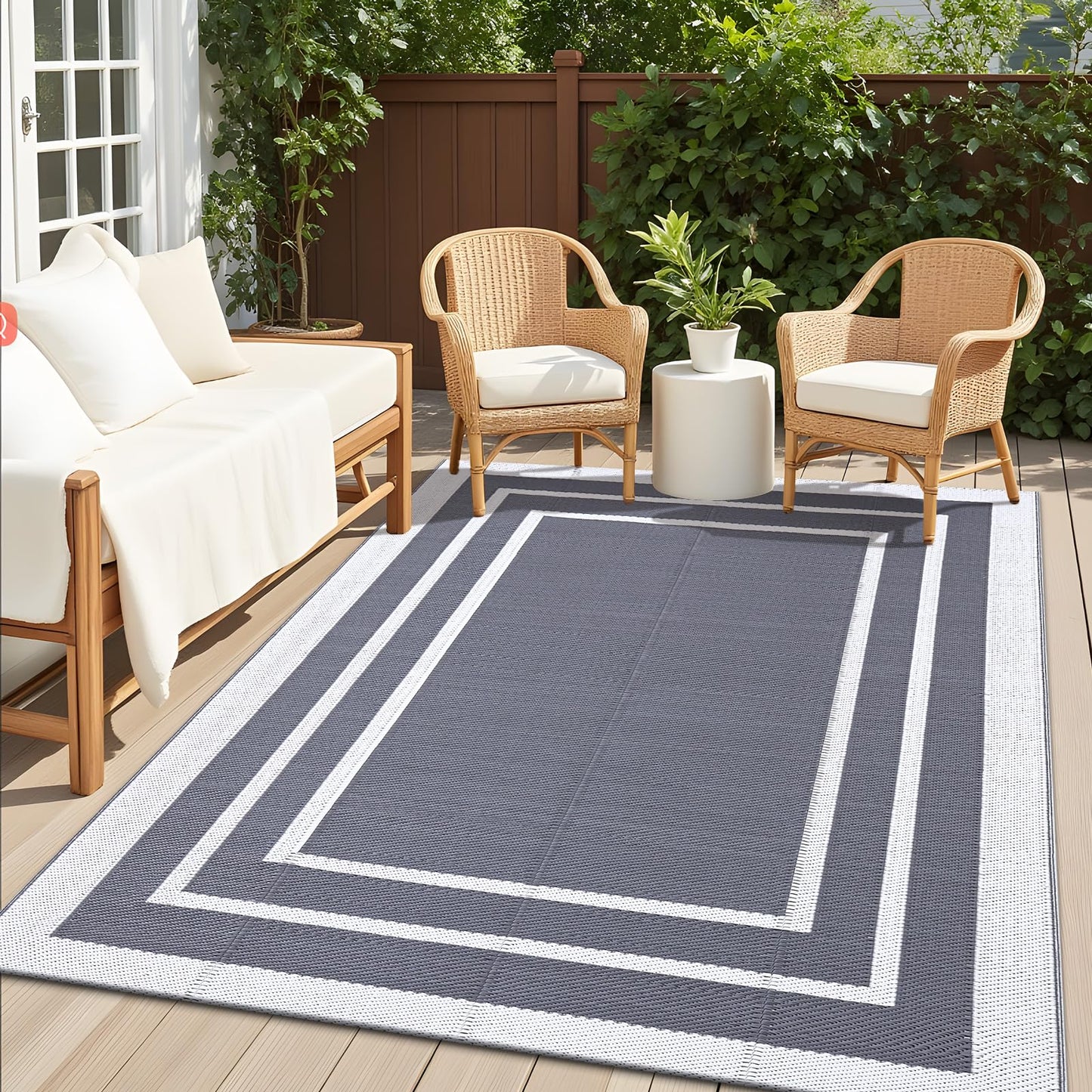 OLANLY Outdoor Rug 4x6 ft Waterproof, Reversible Outdoor Plastic Straw Rug, RV Mat, Indoor Outdoor Carpet Clearance for Patio, Camping, Balcony, Deck, Backyard, Grey & White