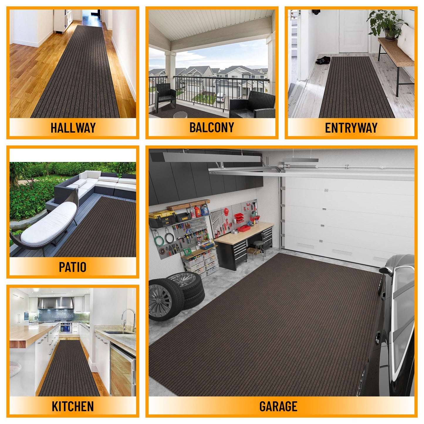 Ottomanson 2' x 12' Hallway Runner with Scraper Pile Extra Durable Non-Slip Rug Mat for Indoor & Outdoor Use - Ideal for Kitchen, Entryway, Patio & Garage - High-Traffic Carpet, Brown