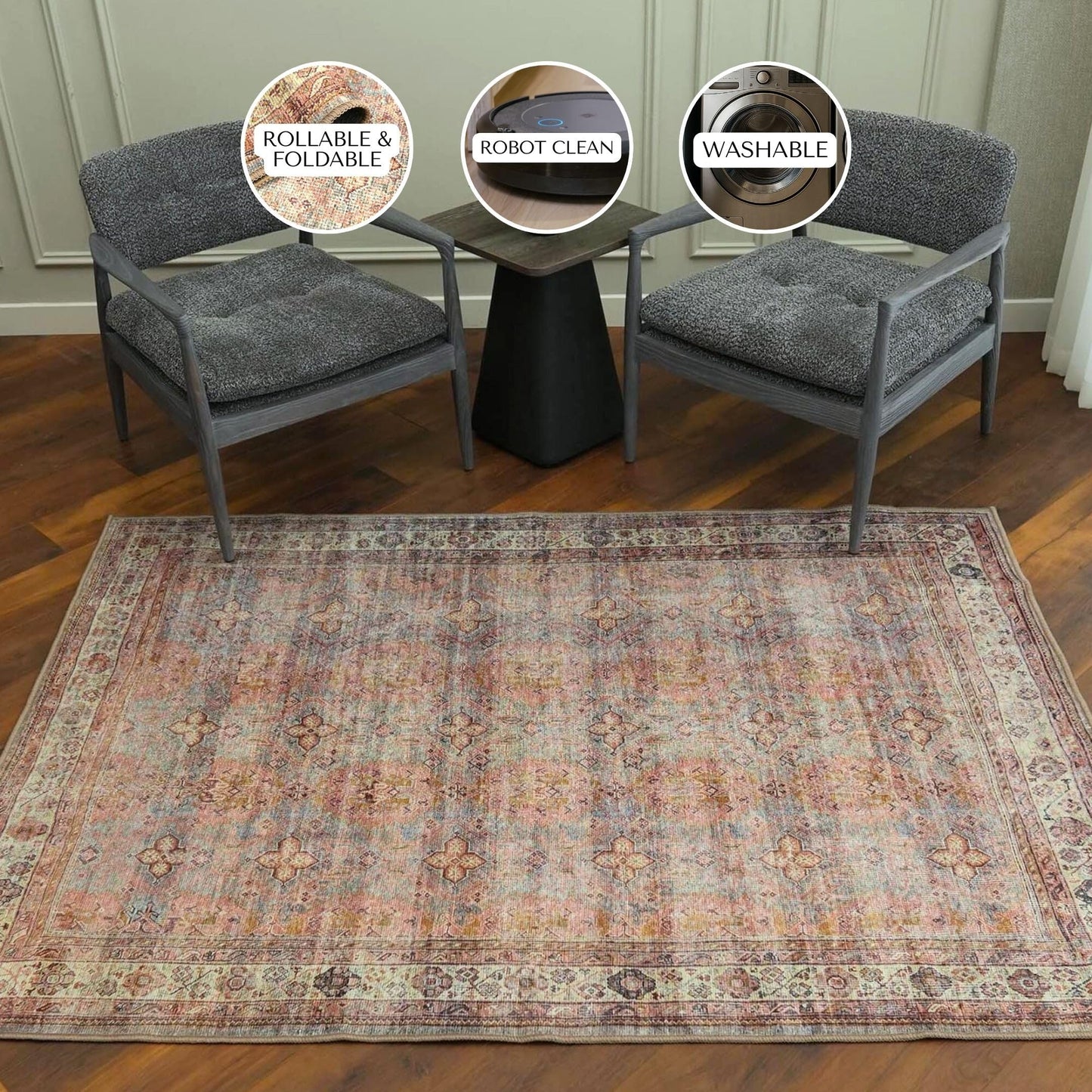 GIONARA Boho Oushak Runner Rug 2'5" x 7' – Washable Foldable Vintage Turkish Hallway Rug with Non-Slip Backing – Long Narrow Rug for Entryway, Kitchen, Bedroom, Bathroom
