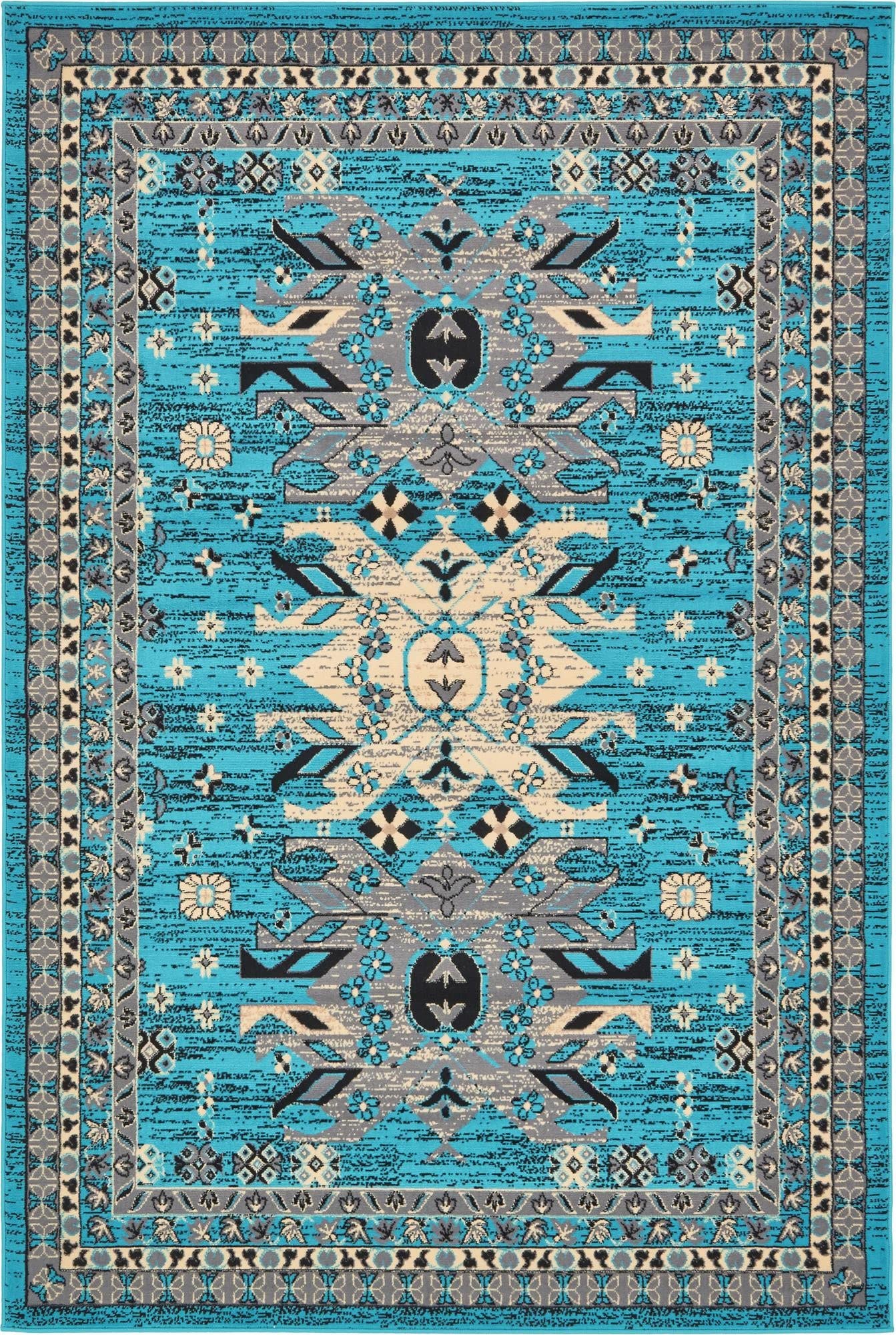 Unique Loom Taftan Collection Border Geometric Tribal Inspired Design Area Rug (6' 0 x 9' 0 Rectangular, Turquoise/ Gray)