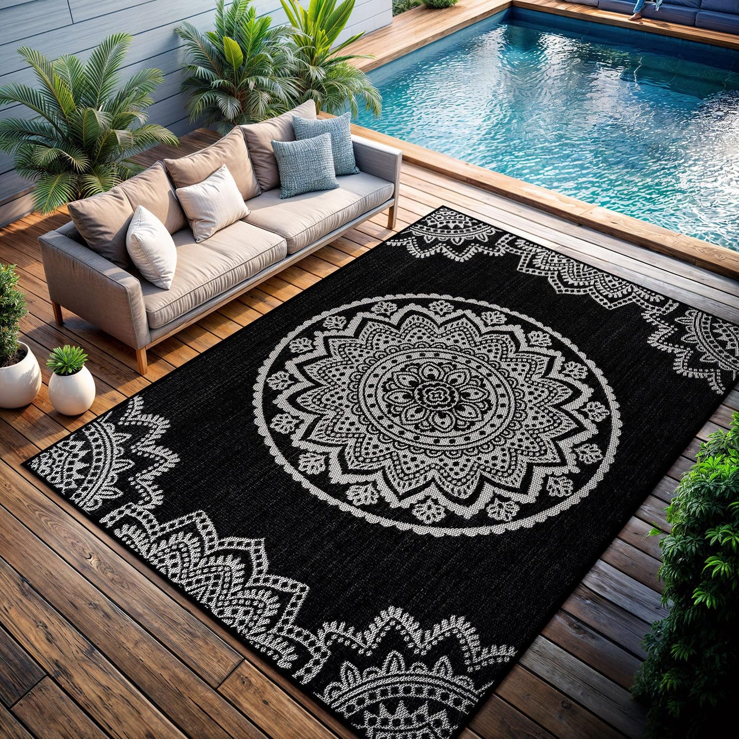 CAMILSON Outdoor Rug 10x14 Modern Large Area Rugs for Indoor and Outdoor Patios and Porches - Washable Non-Shedding Easy-to-Clean Outside Carpet (10 x 14 Medallion - Black/White)