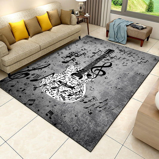 Music Musical Note Area Rug, 4x5ft, Gray Guitar Bass Home Decor Carpet, Soft Durable Fade Resistant Machine Washable Carpets, with Non Slip Backing Non Slip Rugs for Family Living Room