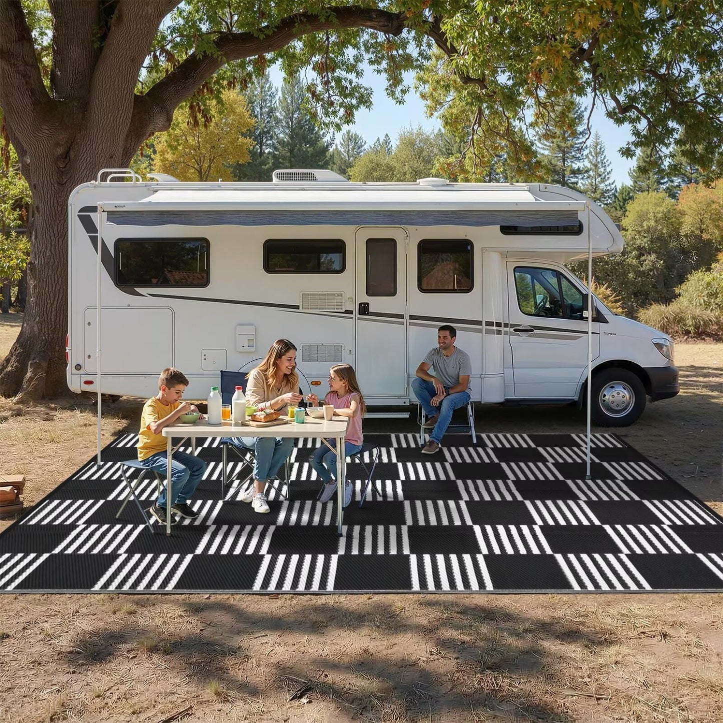 Garvee Waterproof Outdoor Rug 5x8, Checkered Foldable Plastic Straw Patio Camping Rug, Outdoor RV Carpet for Deck Camper Porch Balcony Backyard Picnic Beach Black and White