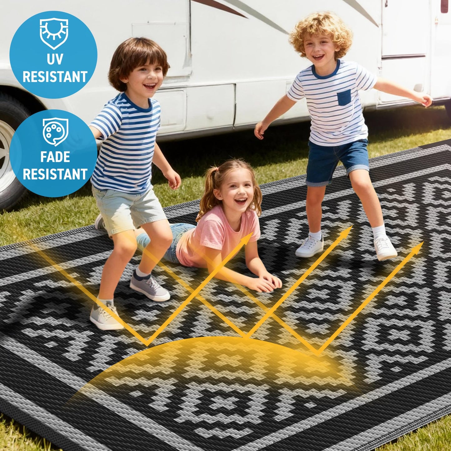 Kohree RV Outdoor Rug 8x10 Reversible, Waterproof Patio Mat with 4 Stakes & UV Fade Resistant, Non-Slip Outdoor Camping Mat for Deck, Picnic, Backyard, Includes Carry Bag (Black & Grey)