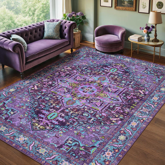 Kokia 8x10 Washable Area Rugs Violet Purple with Vintage Orient Design Soft Rug for Living Room or Bedroom Non-Slip Low Pile Stain Resistance Features Distressed Medallion Pattern
