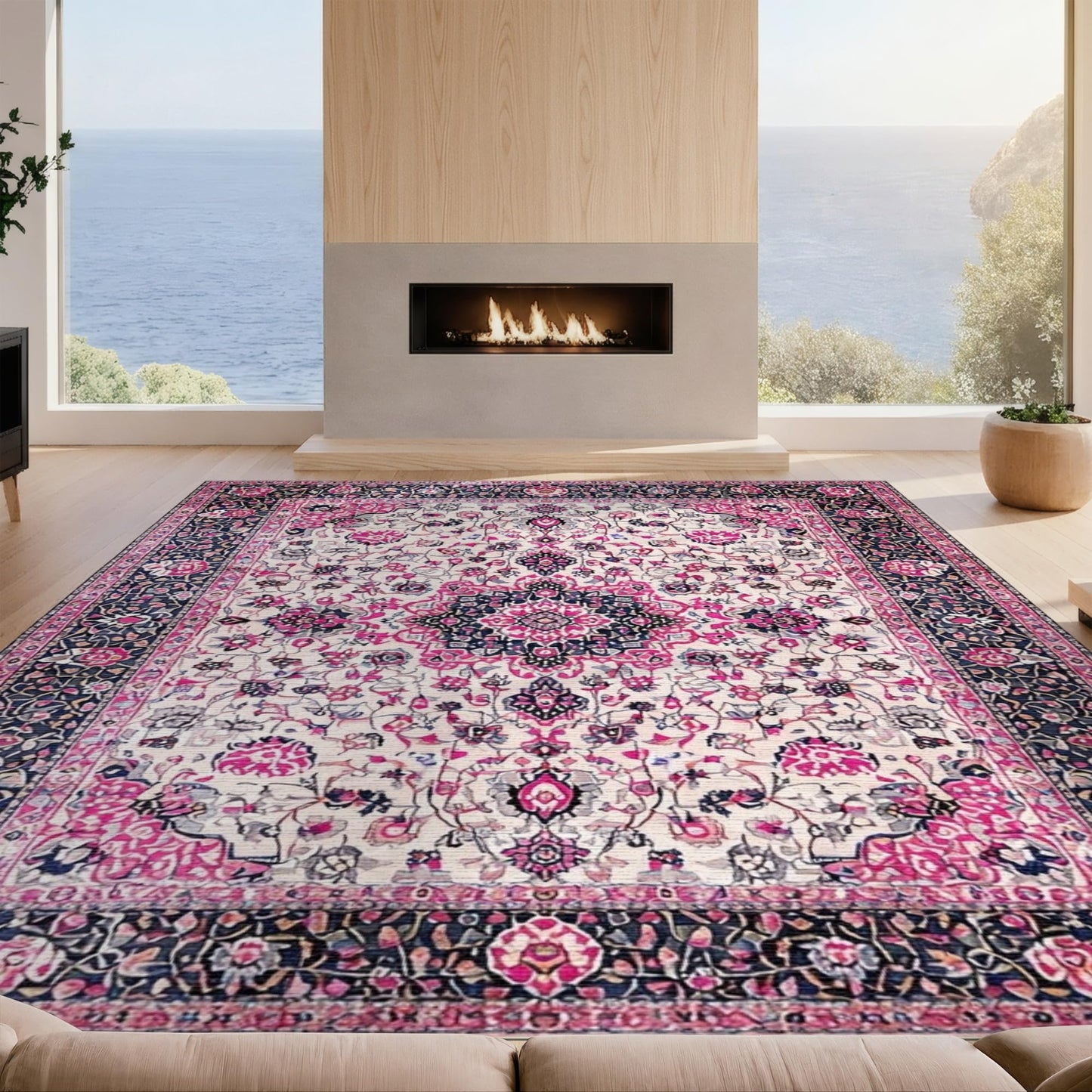 Design&I 4'x6' Black and Pink Faded Scroll Centerpiece Washable Area Rug