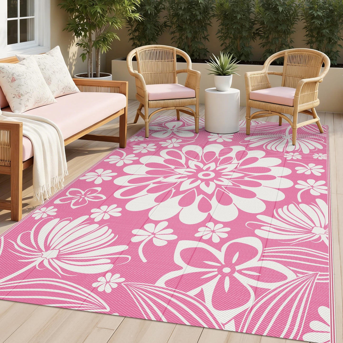 Ileading Outdoor Patio Rug, Pink Floral Reversible Outdoor Rug, Waterproof Plastic Straw Mat, Portable Outside Deck Area Rug, Camping RV Carpet for Porch Balcony (5×8 ft)