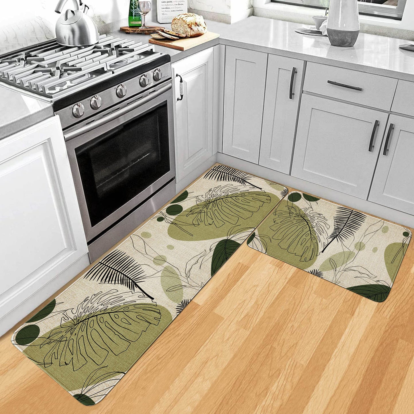 Kitchen Mats and Rugs Non Skid Washable 2 Pieces Natural Rubber Boho Kitchen Mats for Floor Runner Rugs Standing Mat Set (17" Wx30 L+17" Wx 47" L Palm Tree Leaves)