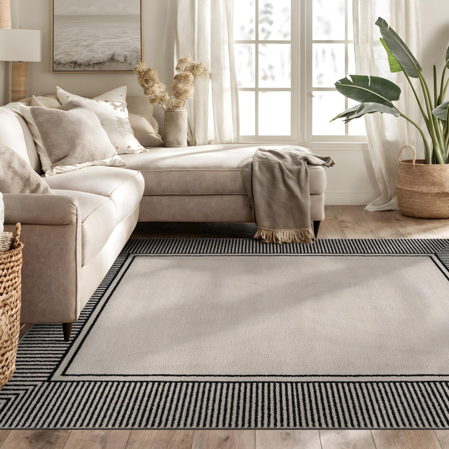 Rugshop Modern Distressed Bordered Indoor Area Rug for Living Room,Bedroom,Kitchen Rug Low Pile Rug with Jute Backing 5' x 7' Cream