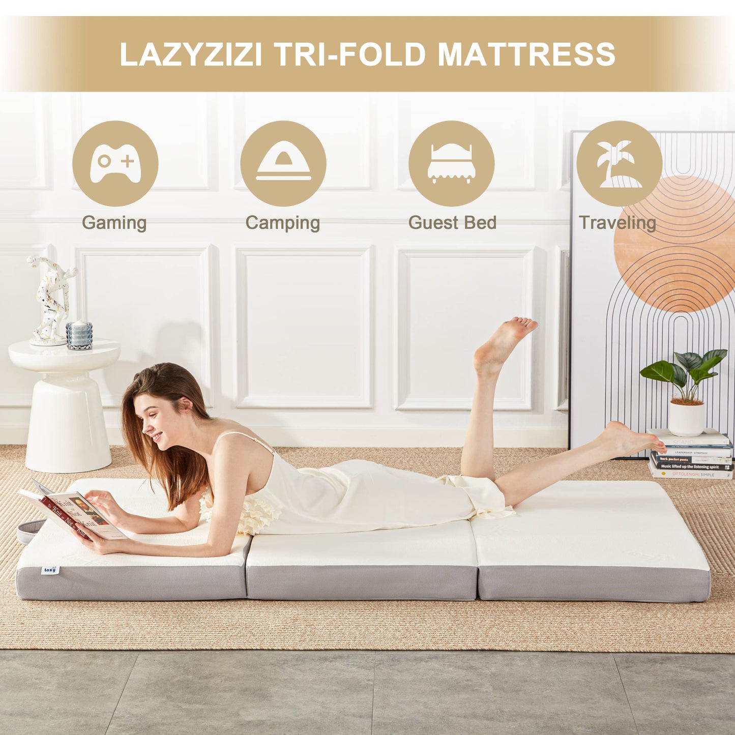 Lazyzizi Folding Mattress, 4 Inch Memory Foam Tri-fold with Breathable Bamboo Fiber Fabric Cover, Foldable Floor Mattress Guest Bed for Camping, Road Trip, Single