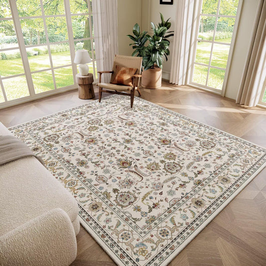 Hedwior Washable 6x9 Area Rugs for Living Room, Boho Non-Slip Vintage Distress Large Rugs for Bedroom Dining Room Nursery Office, 0.3" Neutral Oriental Throw Thin Carpet, Beige/Rust/Multi, B1