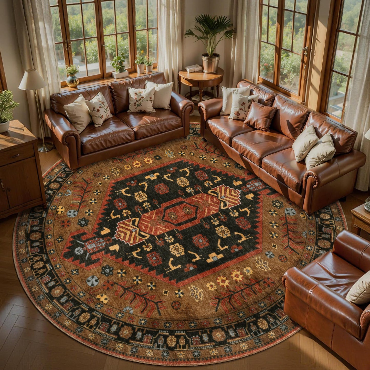 Ciicool 8ft Round Area Rug for Living Room, Soft Circle Carpet Washable Rugs Non Slip with Rubber Backing, Oriental Large Mat for Bedroom Kitchen Nursery Dining Room