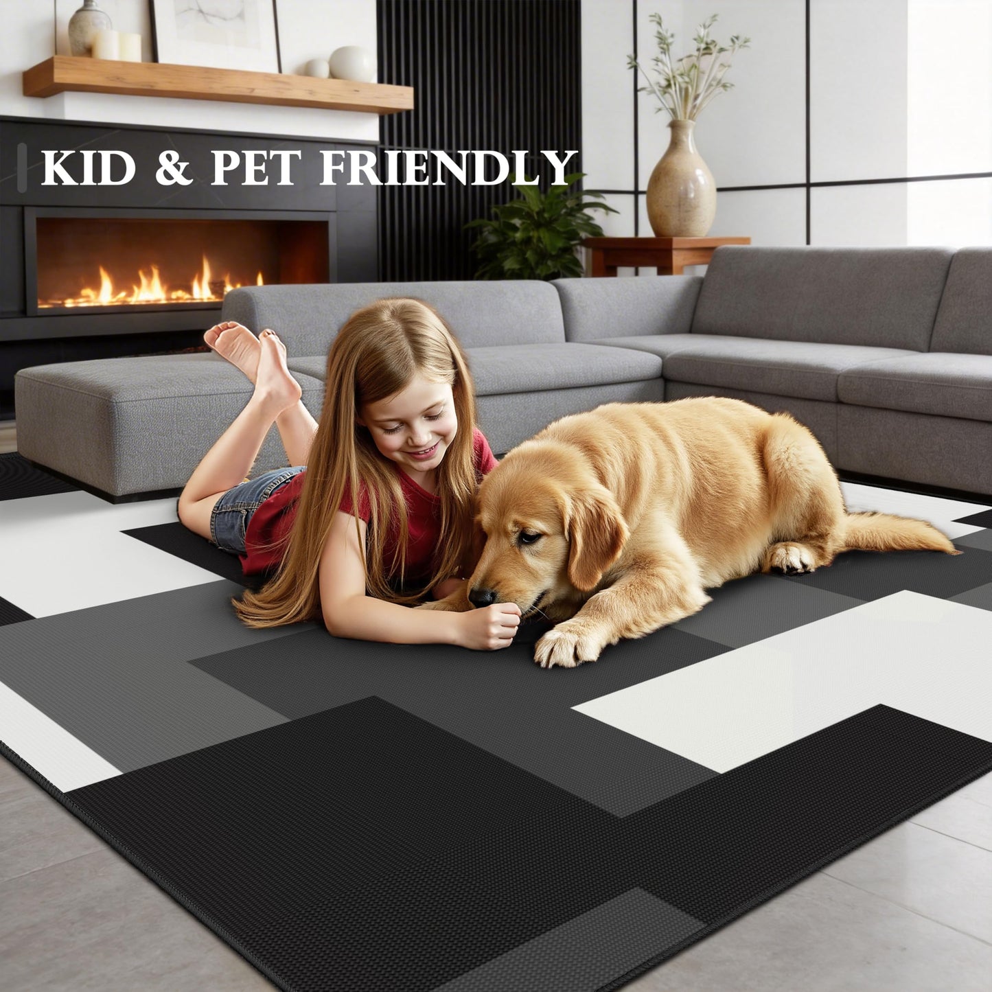 Tyrot Modern Geometric 5x7 Area Rugs Non Slip Mid Century Washable Rug Black and White Grey Abstract Ultra Thin Linen-Look Indoor Outdoor Rug for Living Room Bedroom Dining Room, Home Office