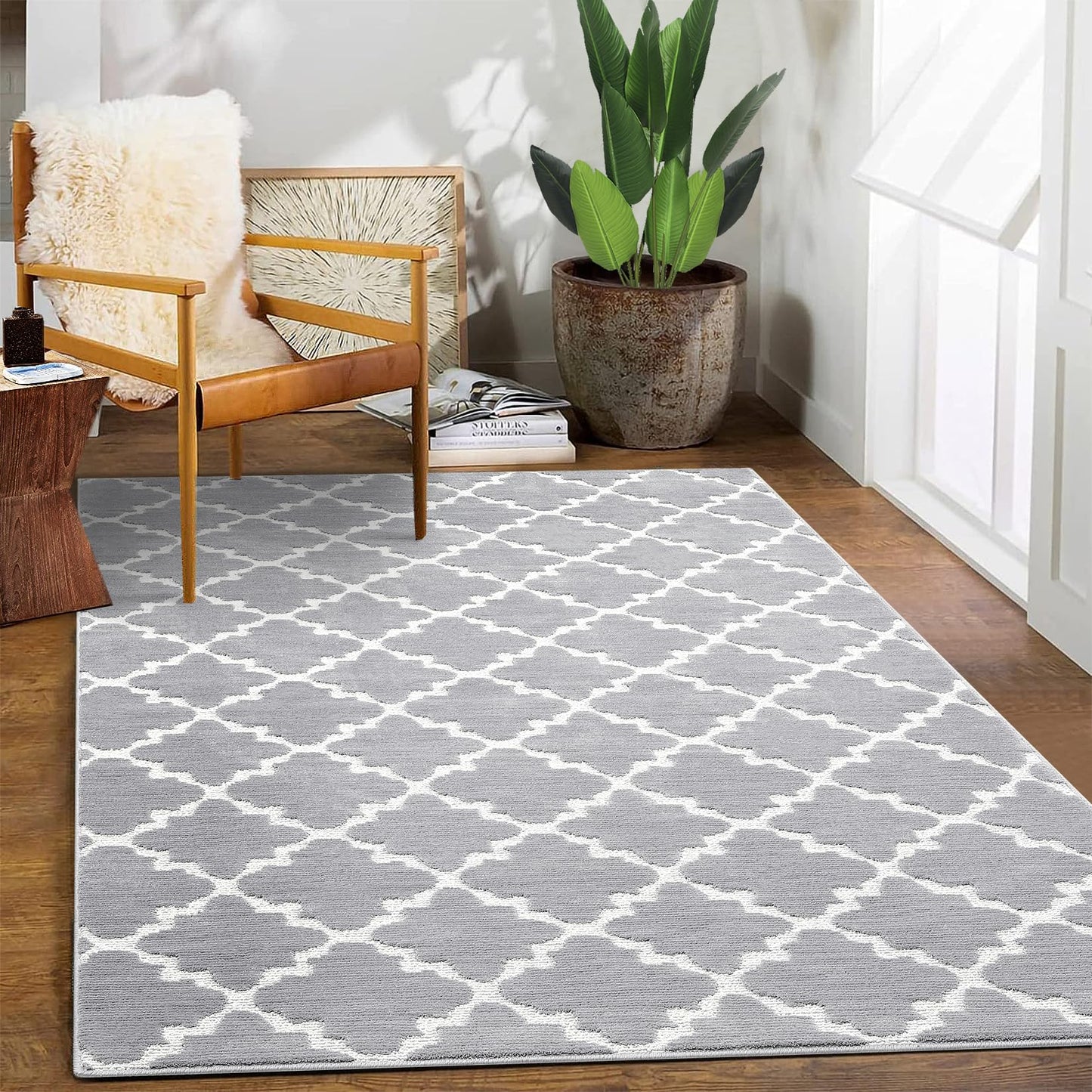 dainslef Living Room Rug 4x6 Shaggy Textured Rugs Indoor Soft Modern Trellis Throw Rugs Non-Shedding Non Slip Accent Rug Diamond Lattice Floor Carpet for Bedroom Nursery Kids Room Home Office Grey