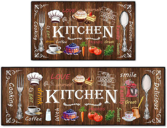 AYHQQHA Farmhouse Kitchen Rug 2 Piece Set, Brown and White Rustic Vintage Style Theme Decor Kitchen Rugs, Absorbent Washable Non-Slip Floor Mats, Home Indoor Runner Carpet 17x30+17x47 Inches
