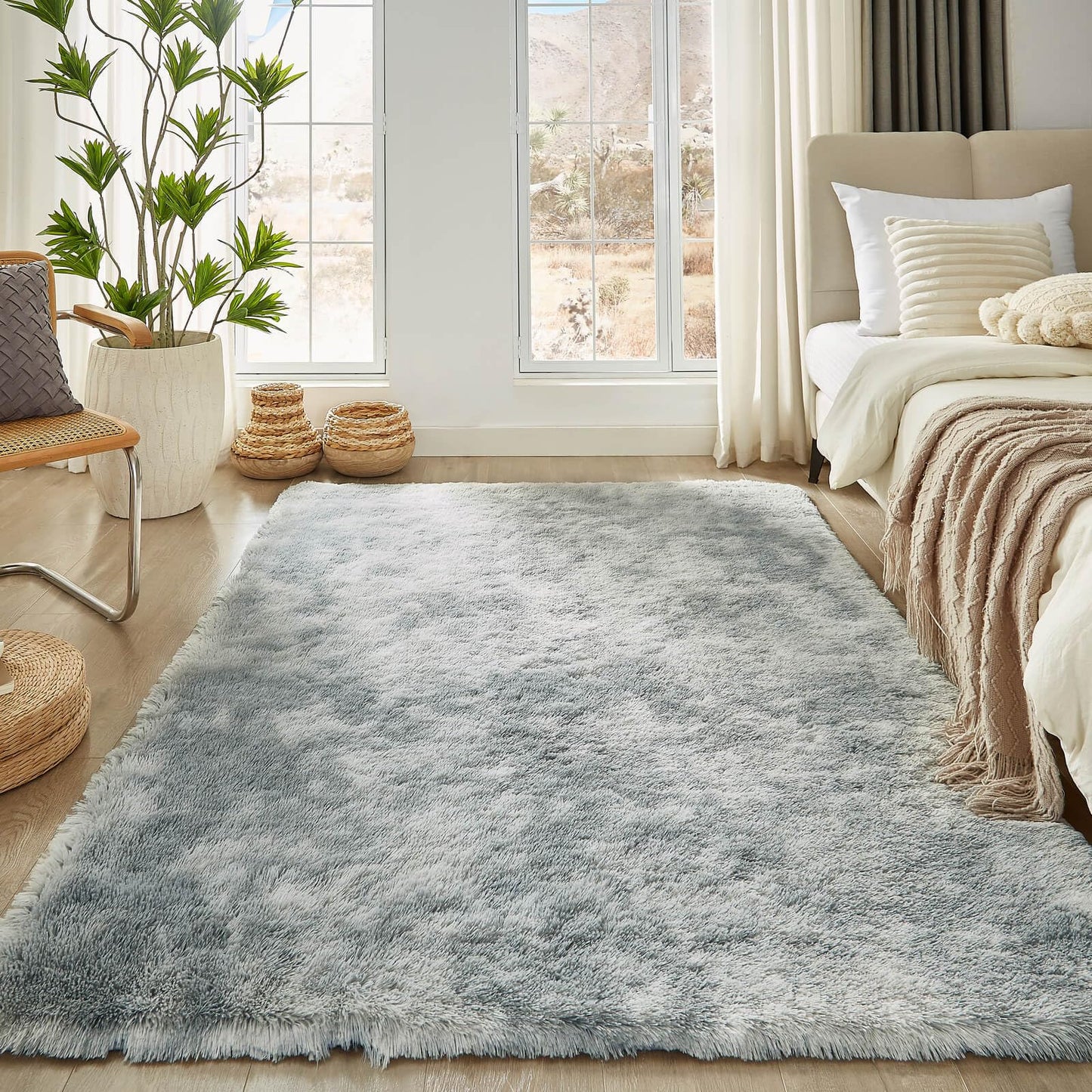 Floralux Rugs for Living Room, 6x9 Large Shag Area Rug, Tie-Dyed Light Grey Soft Fluffy Carpets for Bedroom