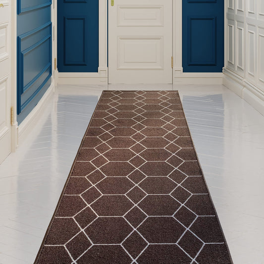 Custom Made Runner Rug for Kitchen Foyer Hallway Entry Choose Your Length Size 26 Inch Wide Geometric Lattice Design Brown Color (15 feet x 26 inch)