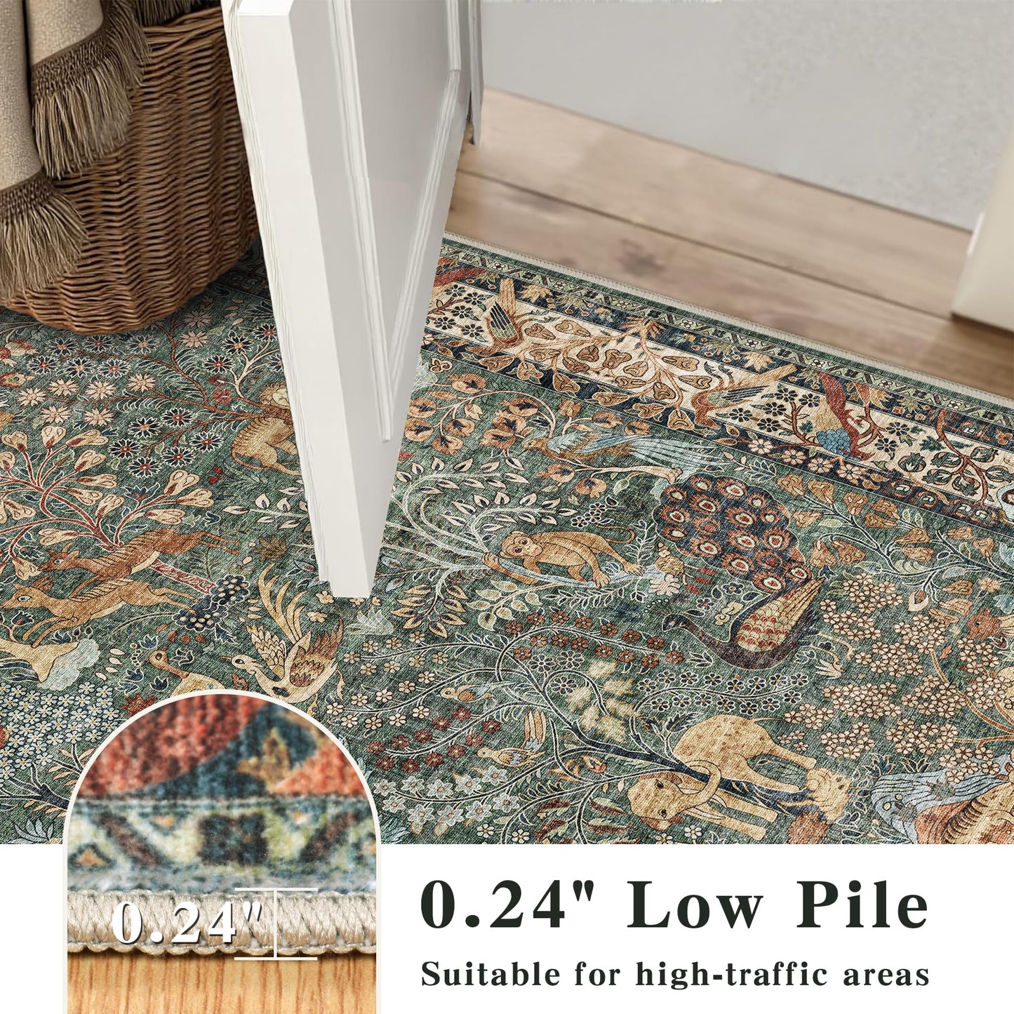 8x10 Green Boho Area Rug, Vintage Jungle Animal Print Large Washable Rug, Non Slip Low Pile Stain Resistant Carpet, Large Floor Rug for Living Room Farmhouse Dining Room Kids Playroom