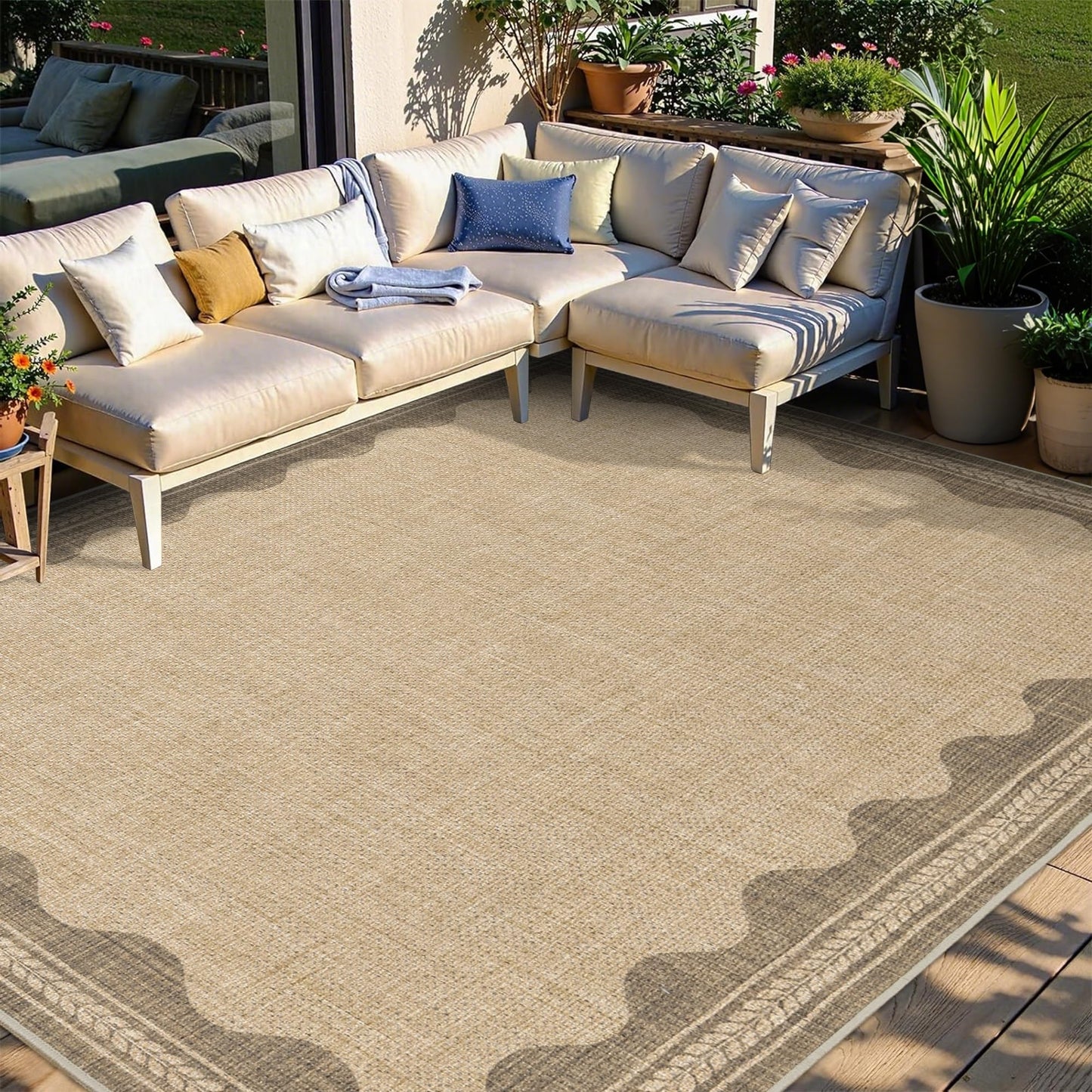 Easy Jute Rug 8x10 Outdoor Rug Scalloped Washable Rugs for Living Room Bedroom Non Slip Neutral Farmhouse Indoor Outdoor Carpet for Backyard Patio Office