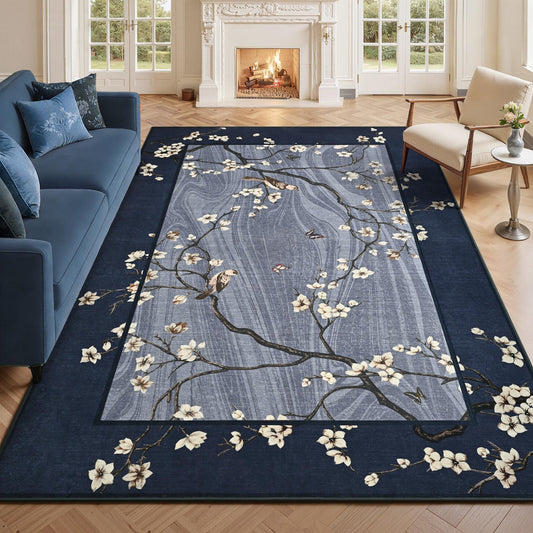 Foxmas 5x7 Area Rugs for Living Room, Oriental Floral Navy Blue Rugs for Bedroom, Washable Non-Slip Indoor Throw Carpets for Office Dining Room Farmhouse Home Decor