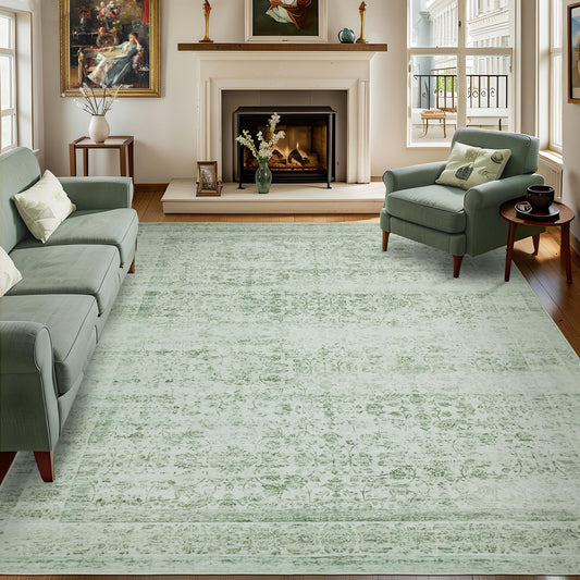 Dotiiorug 8x10 Vintage Washable Area Rug for Living Room,Low Pile Non Slip Carpet Non-Shedding Large Area Rug Soft Indoor Stain Resistant Rug Floral Print Mat for Bedroom Dining Room Sage Green
