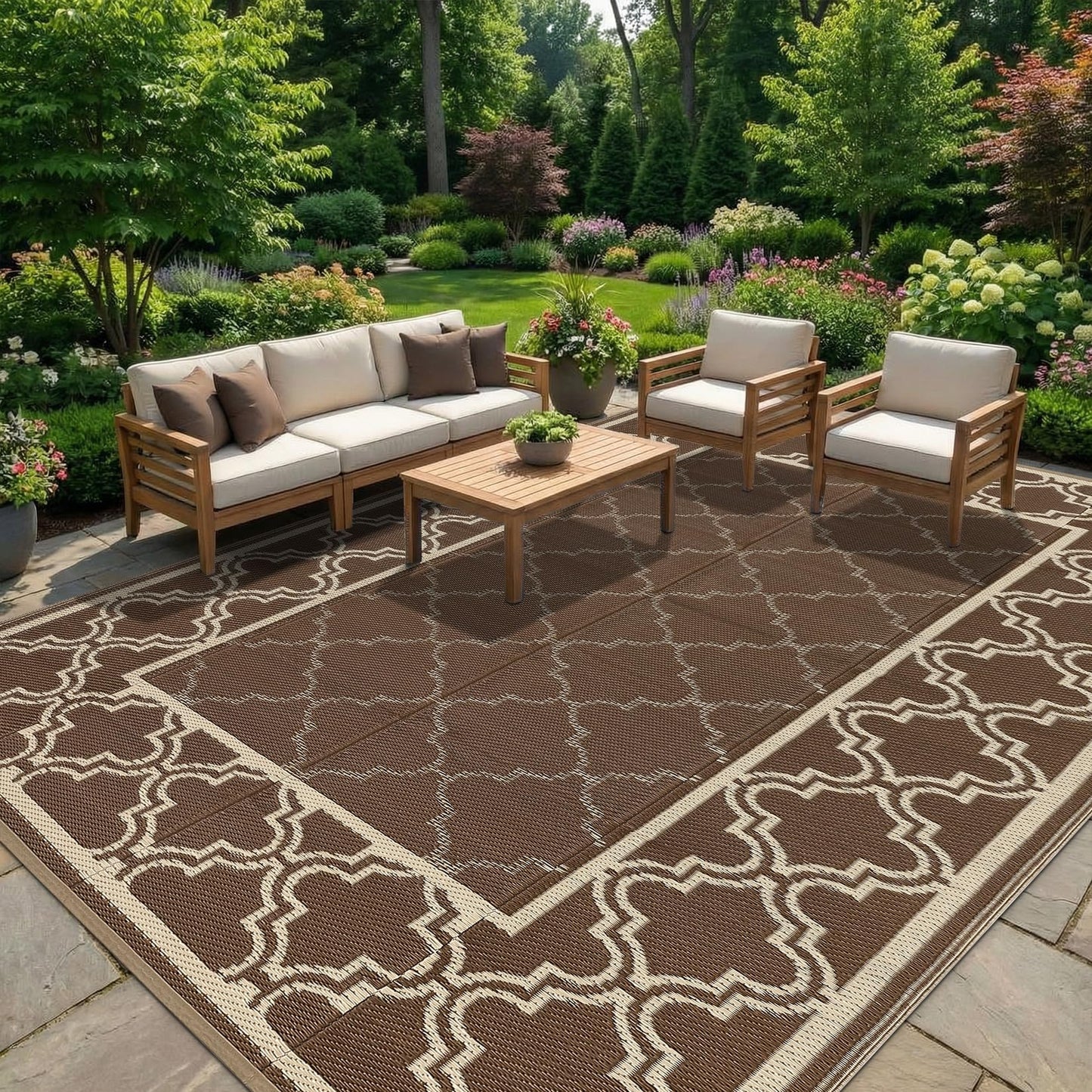 Garvee Reversible Outdoor Rug 9x12, Waterproof Outdoor Plastic Straw Rug with Interlacing Pattern, RV Mat for Picnics, Patio, Camping, Balcony, Deck, Backyard, Porch, Brown