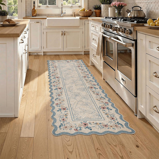 ORTIGIA Scalloped Easy Jute Runner Rug 2x6 ft Farmhouse Blue Floral Washable Kitchen Rug Non-Slip Low-Pile Indoor Outdoor Carpet for Bedroom Dining Entryway Hallway Patio Laundry Room
