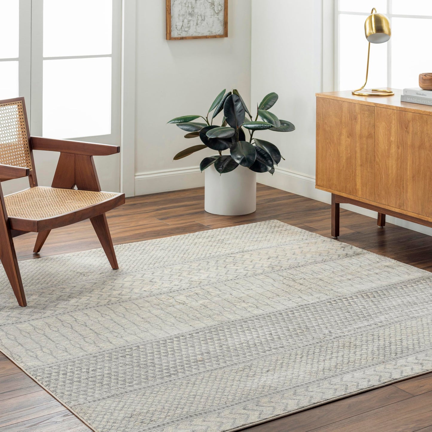 Livabliss Area Rugs - 7x7 Hana Modern Moroccan Grey Square Rug for Living Room Bedroom - Gray White Ivory Geometric Stain Resistant Boho Carpet for Kitchen, Nursery and Home Office (6'7" Square)