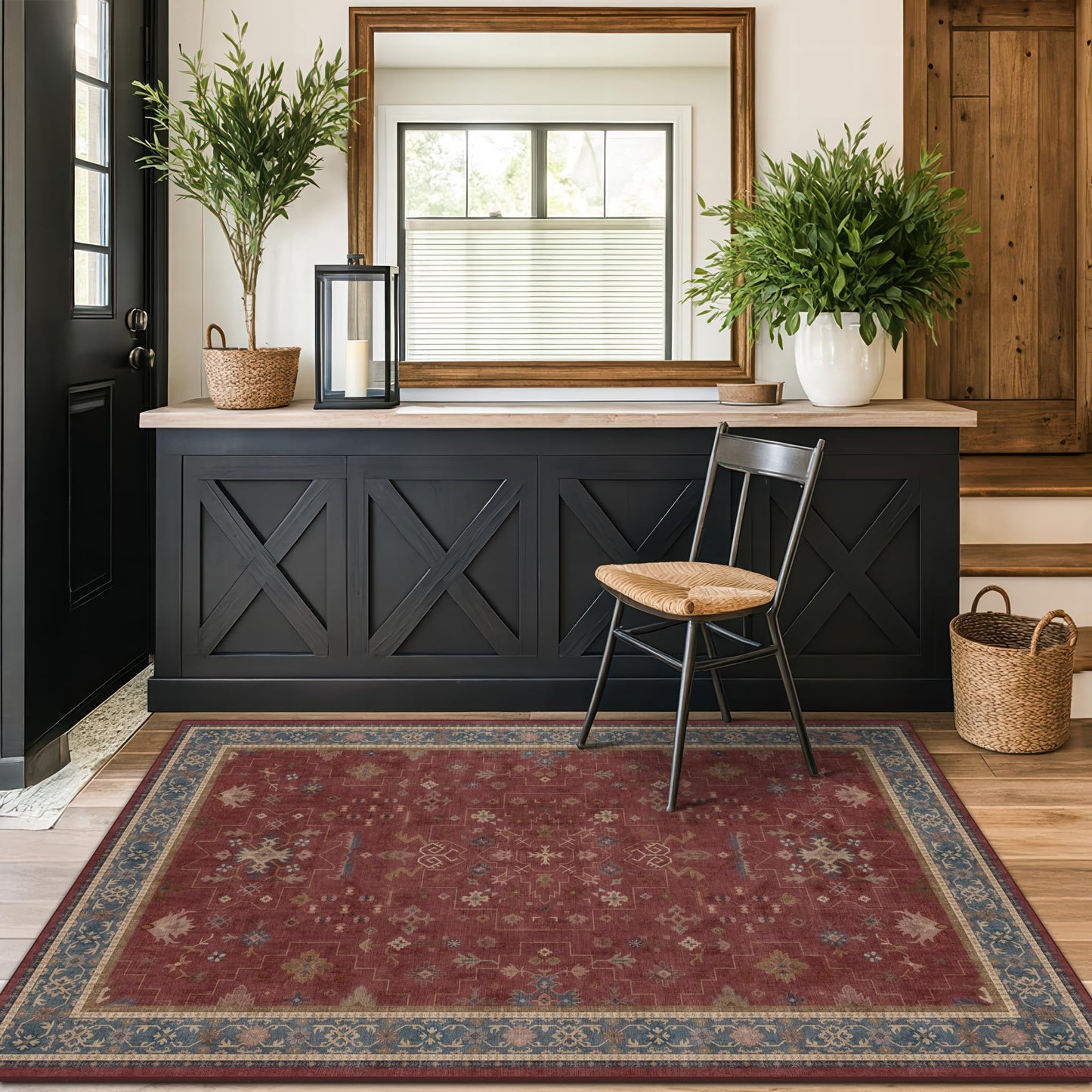 Turkish 4x6 Rug for Living Room Small - Area Rug for Kitchen, Bedside, Foyer Large Entryway Indoor - Washable Stain Resistant Non Slip, Unique Victorian Art Deco, Maroon & Burgundy