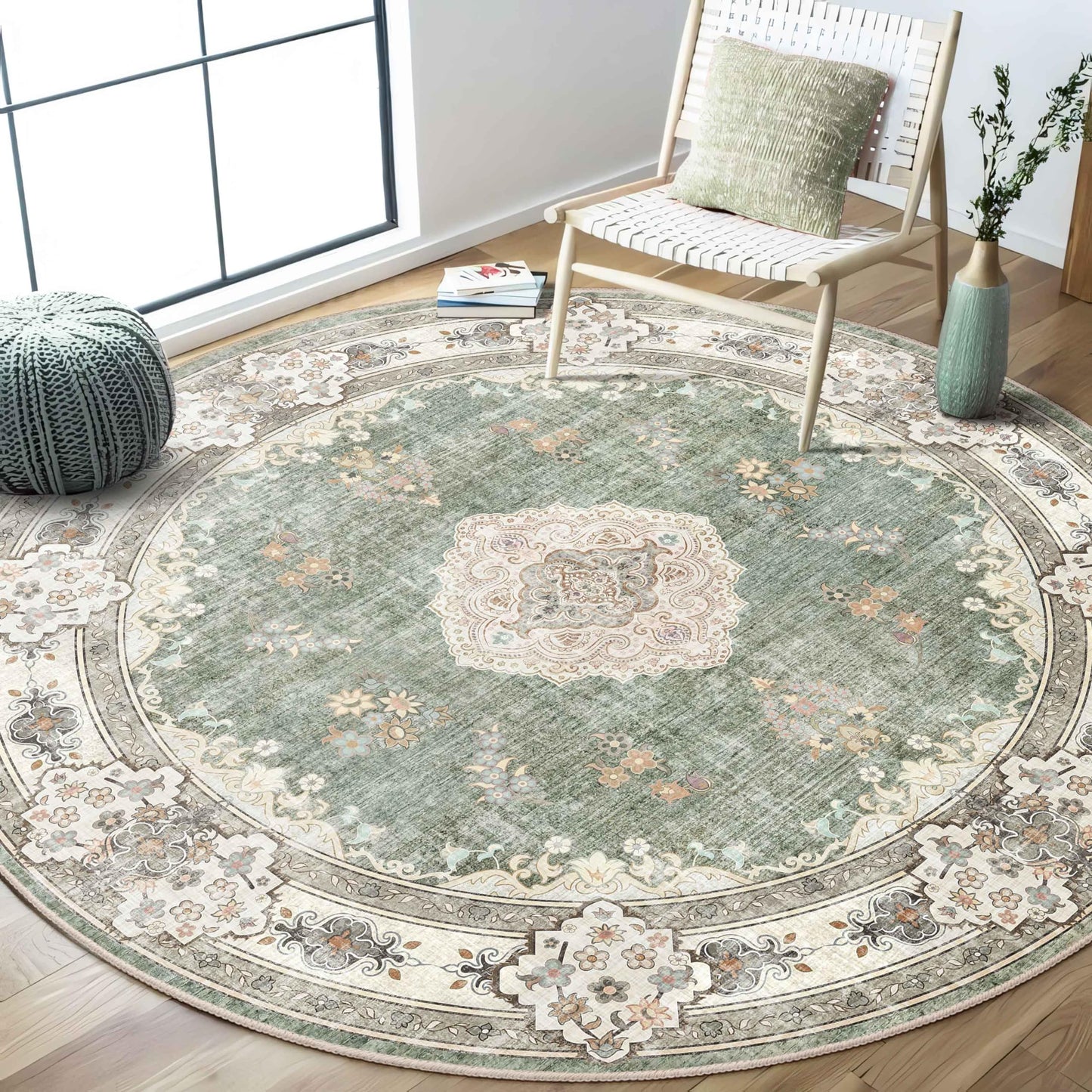 MUJOO Green Round Rug 6ft,Circle Washable Area Rugs for Bedroom Living Room Bathroom,Boho Large Non Slip Circular Carpet,Sage Floral