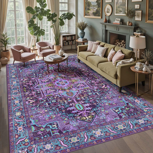 Kokia 9x12 Washable Area Rugs Violet Purple with Vintage Orient Design, Soft Rug for Living Room or Bedroom, Non-Slip Low Pile Stain Resistance Features, Distressed Medallion Pattern