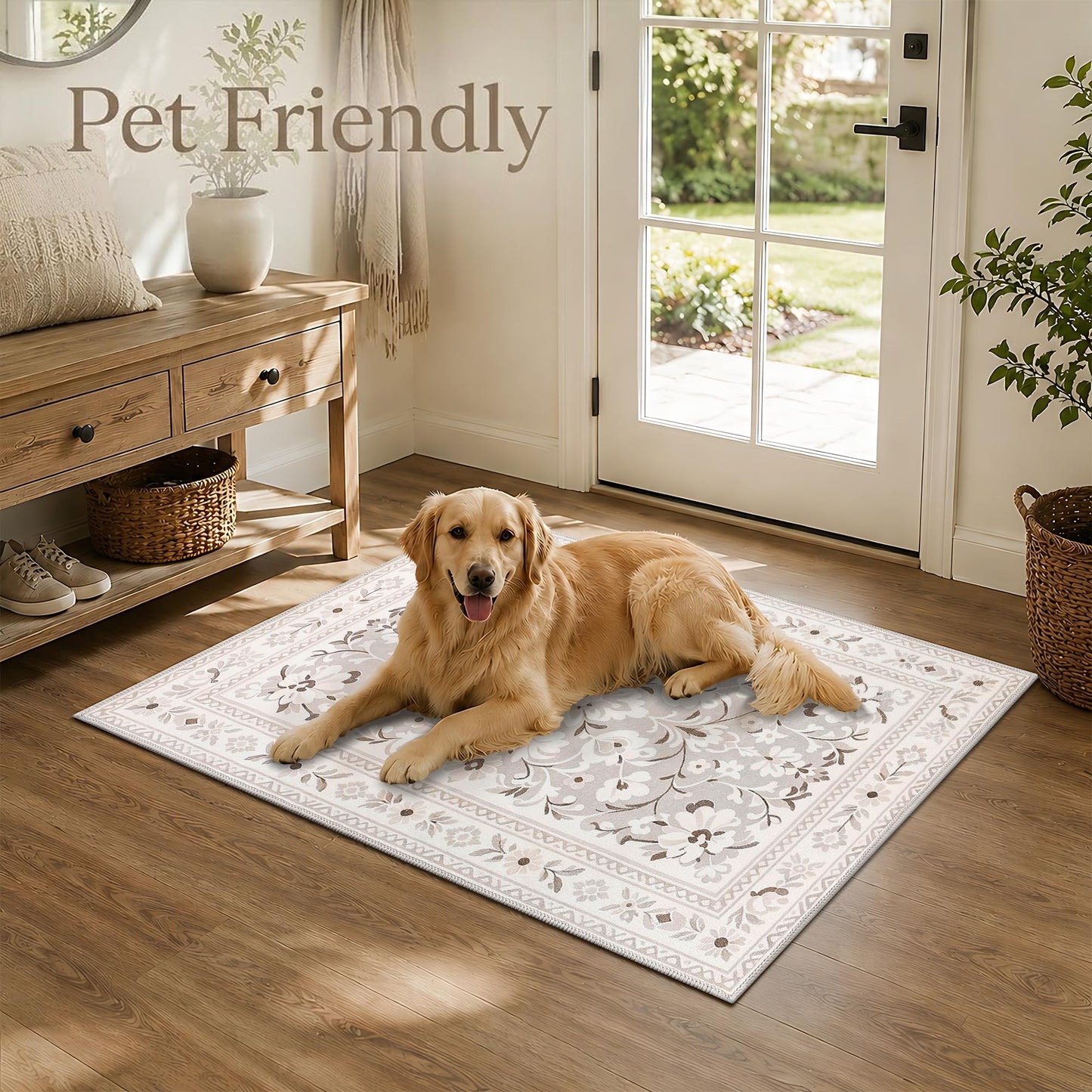 Huaji White Small 2x3 Area Rug, Modern Boho Floral Design