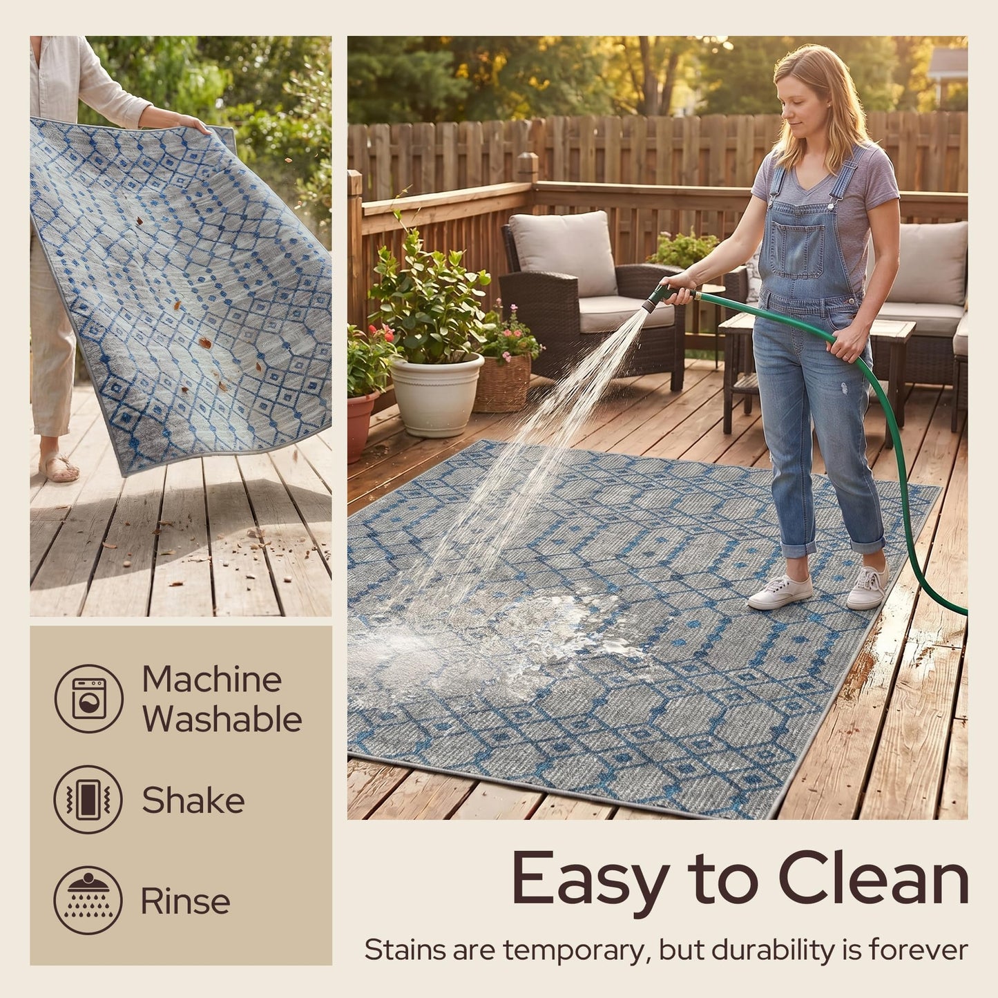 GENIMO Indoor Outdoor Area Rug 5X8, Non-Shedding, Machine Washable Mat for Patio, Balcony, Deck, Slate Grey