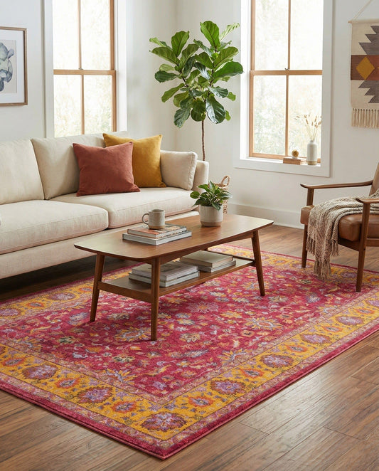 Rugs.com - Medina Rug – 5' 3 x 7' 9 Berry Pink Washable Area Rug Vintage Floral Design for Living Rooms, Bedrooms, and Dining Areas