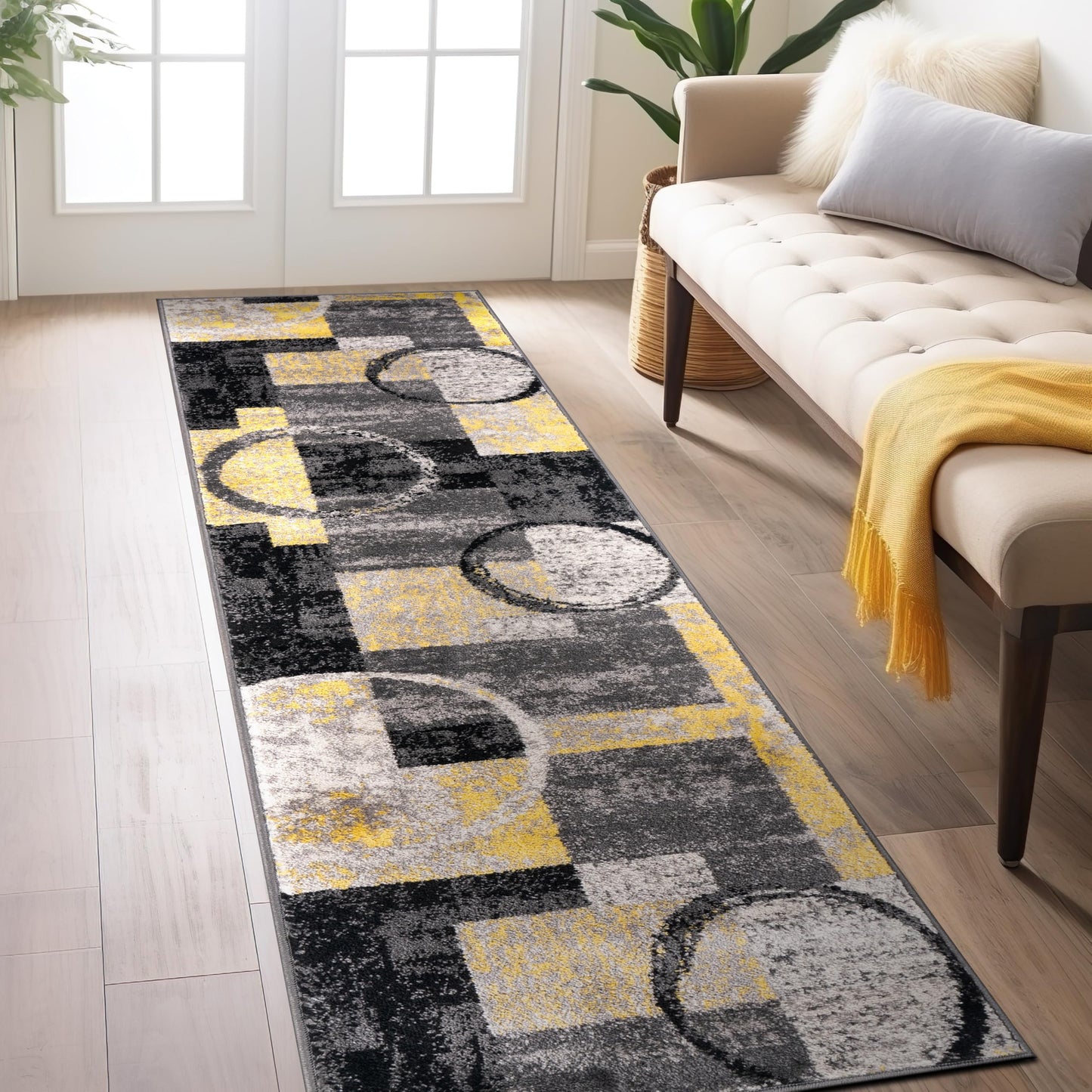 Rugshop Contemporary Circle Design Runner Rug, Non-Shedding Carpet for Hallway, Kitchen, or Entryway, Yellow, 2' x 7'2"