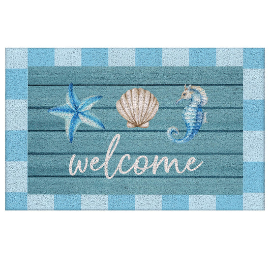 YTRGI Beach Welcome Mat for Front Door, Beach Door Mat, Starfish Seashell Seahorse Beachy Door Mats Indoor Outdoor Entrance Porch, Ocean Beachy Baths Mats for Bathroom, 17x30 Inches