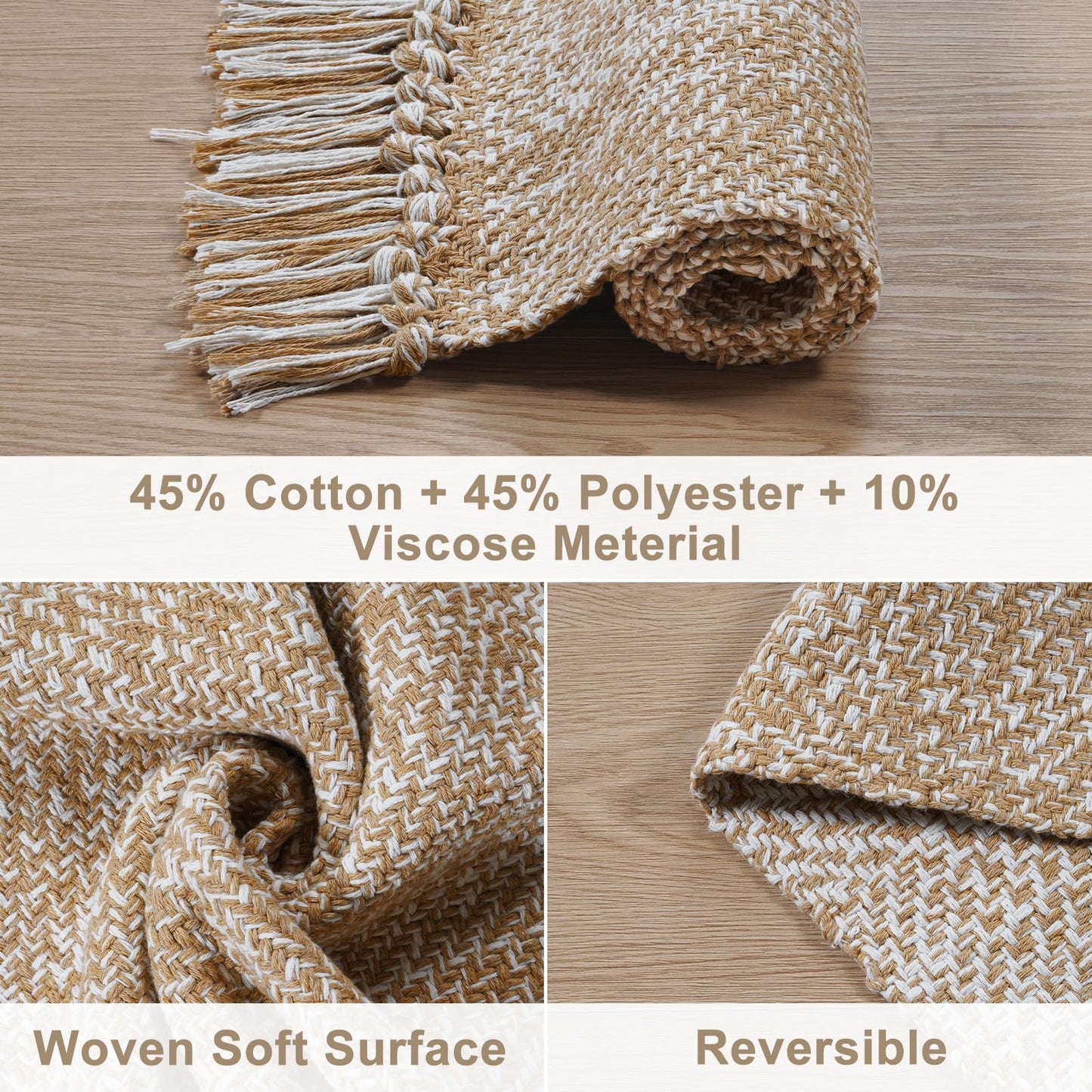 Collive Comfy Area Rug 4' x 6', Tan/Cream Woven Cotton Bedroom Rugs, Modern Indoor Accent Rug Floor Carpet with Tassel for Living Room, Nursery Room, Dining Room, Bedside, Office, Patio Decor
