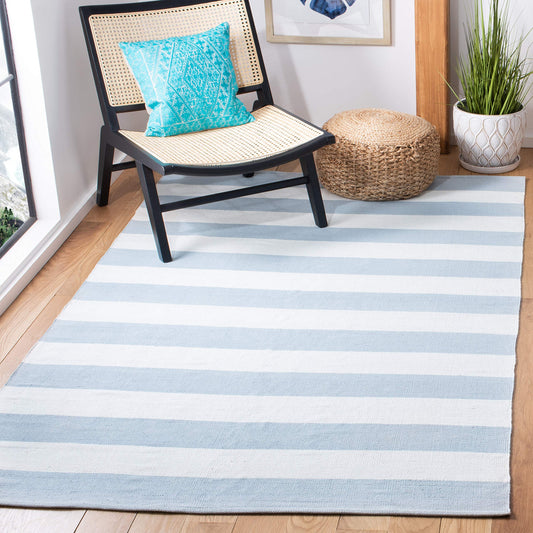 SAFAVIEH Montauk Collection Area Rug - 10' x 14', Sky Blue & Ivory, Handmade Flatweave Cotton, Woven Texture, Farmhouse Stripe Pattern, Ideal for Living Room, Bedroom, Dining Space(MTK712K)