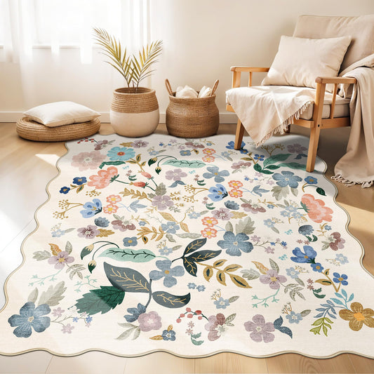 Floral Square Area Rugs for Family: Washable 5x5 Scalloped Carpet for Living Room Bedroom Soft Water Resistant Floor Mat with Non Slip Backing for Kitchen Nursery Dorms Farmhouse Home Decor(5x5,Cream)