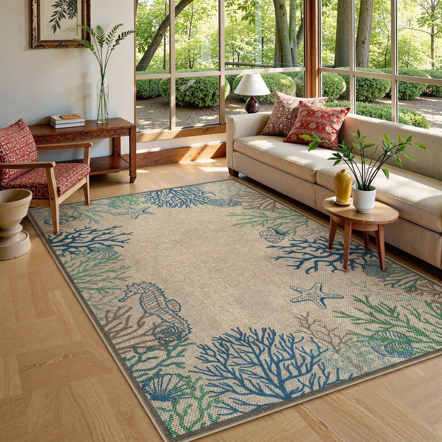 LIVEBOX Modern Easy Jute 5x7 Outdoor Rug, Washable Area Rugs for Living Room Patio Coastal Animal Indoor Outdoor Rug, Boho Farmhouse Non Slip Carpet for Backyard Foyer Dining Room(Olive, 5'x7')
