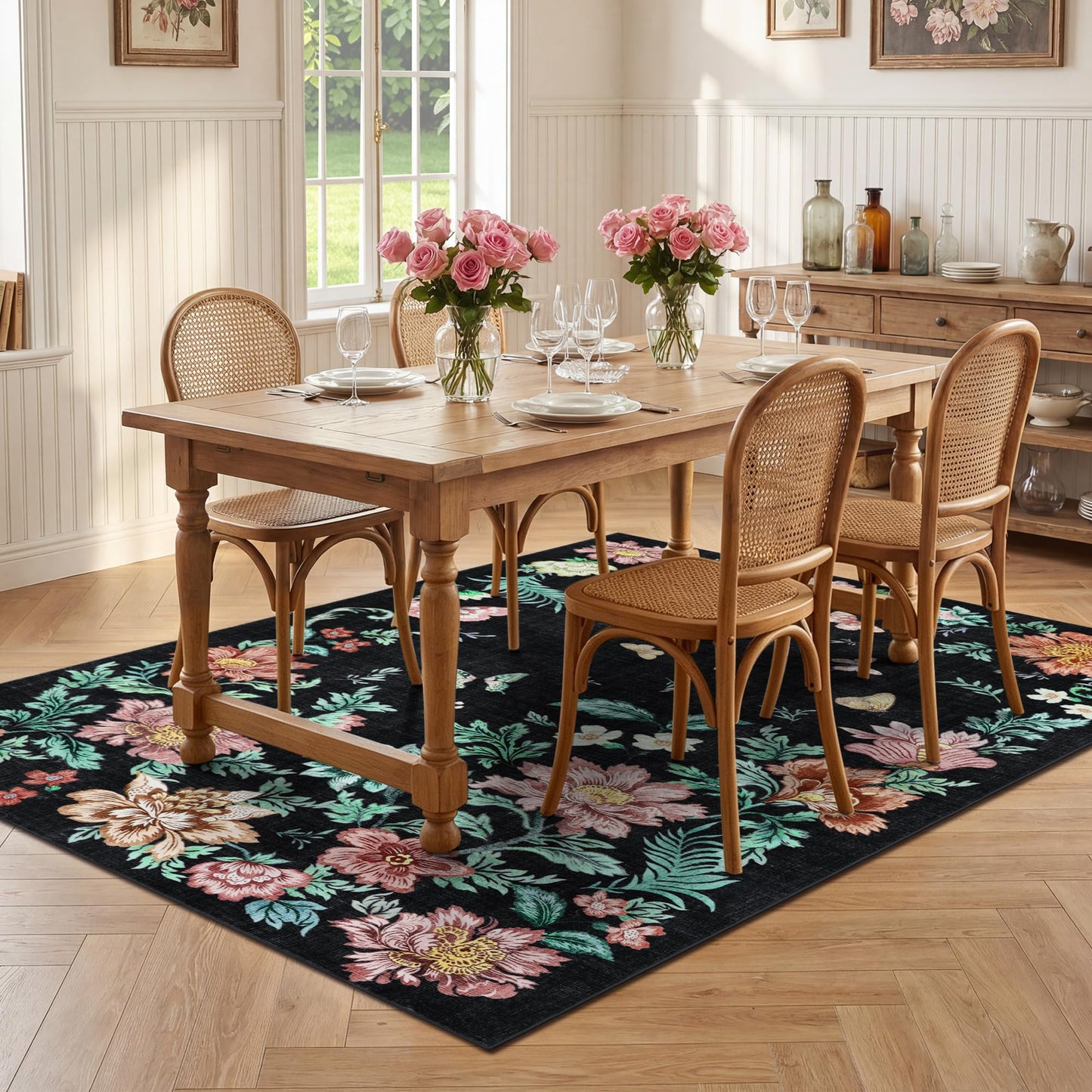 IDEALHOUSE Washable Area Rug, Soft Pearl Velvet Carpet, Non Slip Low Pile, Stain Resistance, Machine Washable Foldable Rug, Floral Pattern Modern, for Living Room, Bedroom, Dining Room, Black